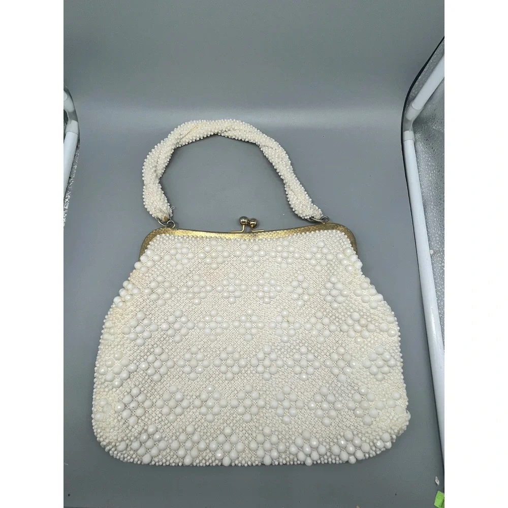 Vintage Beaded Off White Handbag‎ Hong Kong Pearlized Lucite Trim 1960s